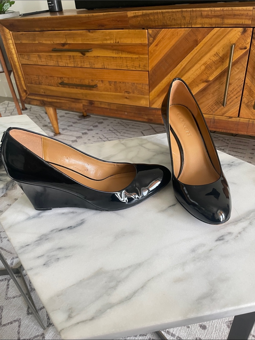 COACH Black Patent Leather Rileigh Wedge Pumps Heels Size 8.5 B
